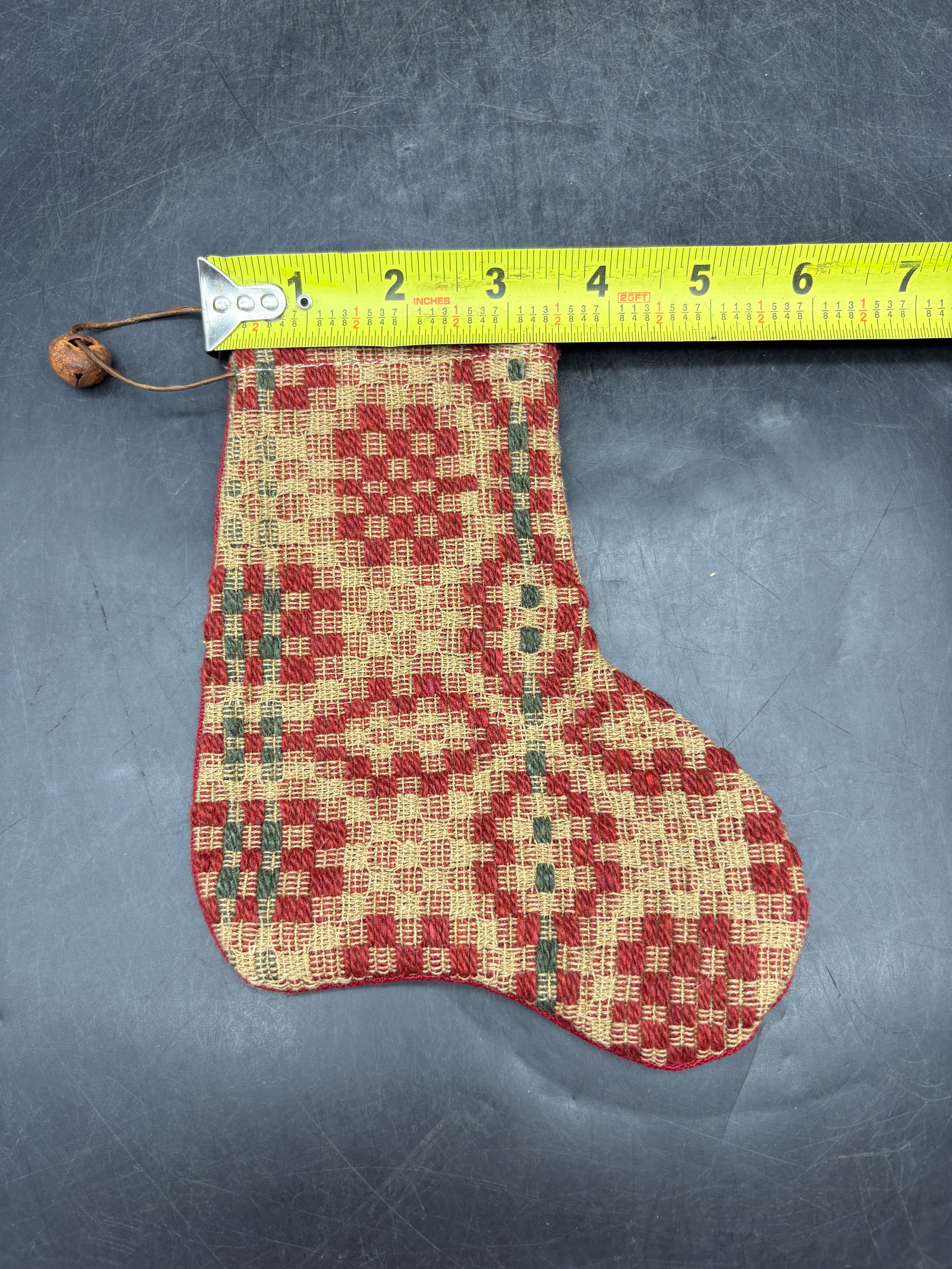 Handmade Coverlet Christmas Stocking — Small 6½" x 5" with Flannel Backing & Rusty Bell