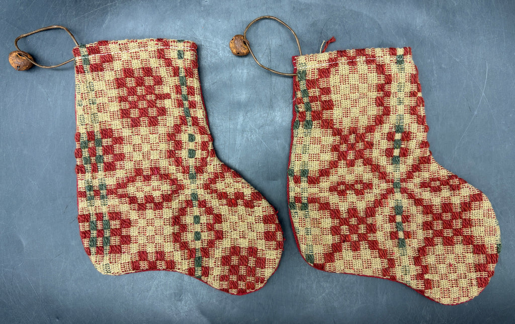 Handmade Coverlet Christmas Stocking — Small 6½" x 5" with Flannel Backing & Rusty Bell