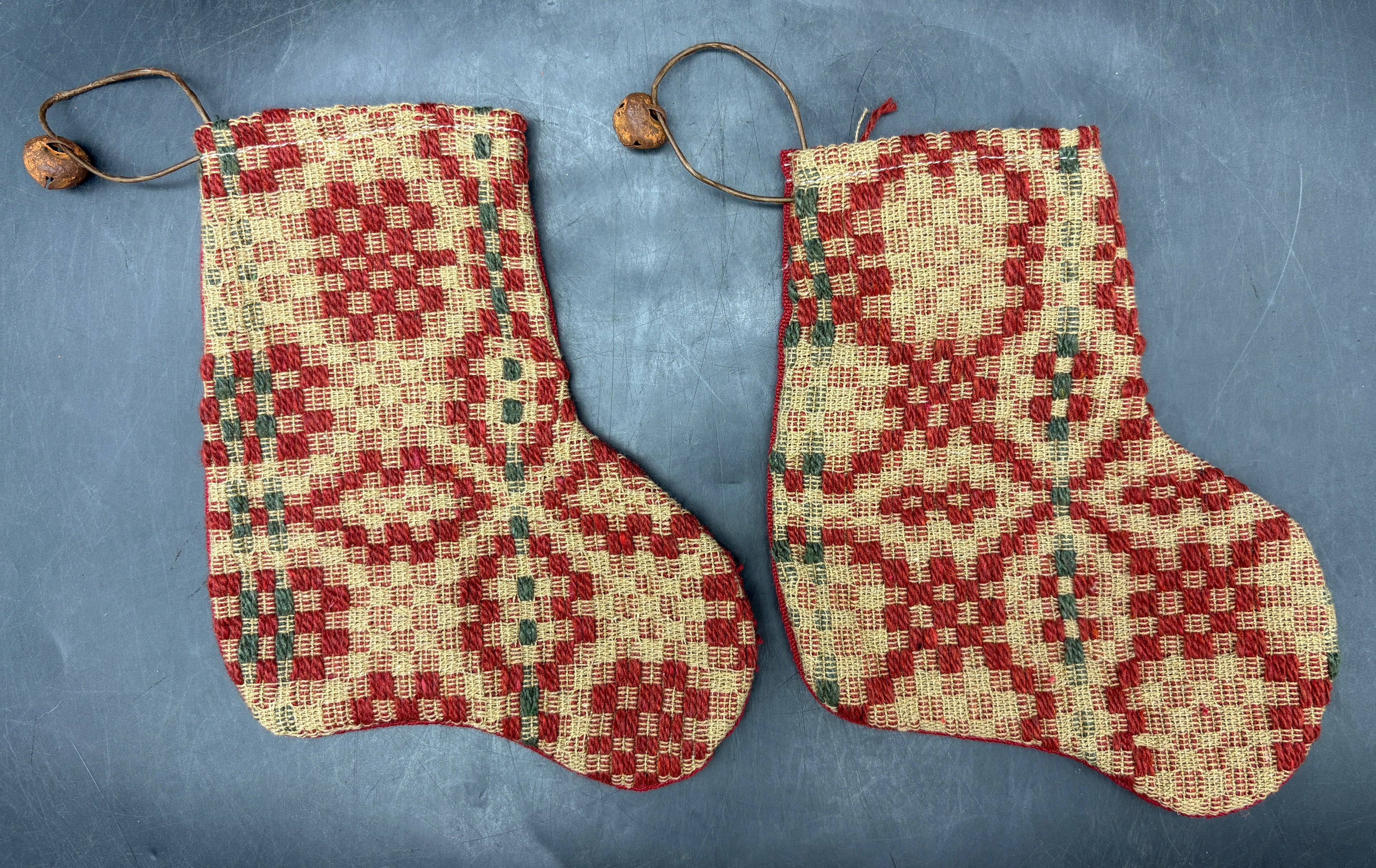 Handmade Coverlet Christmas Stocking — Small 6½" x 5" with Flannel Backing & Rusty Bell