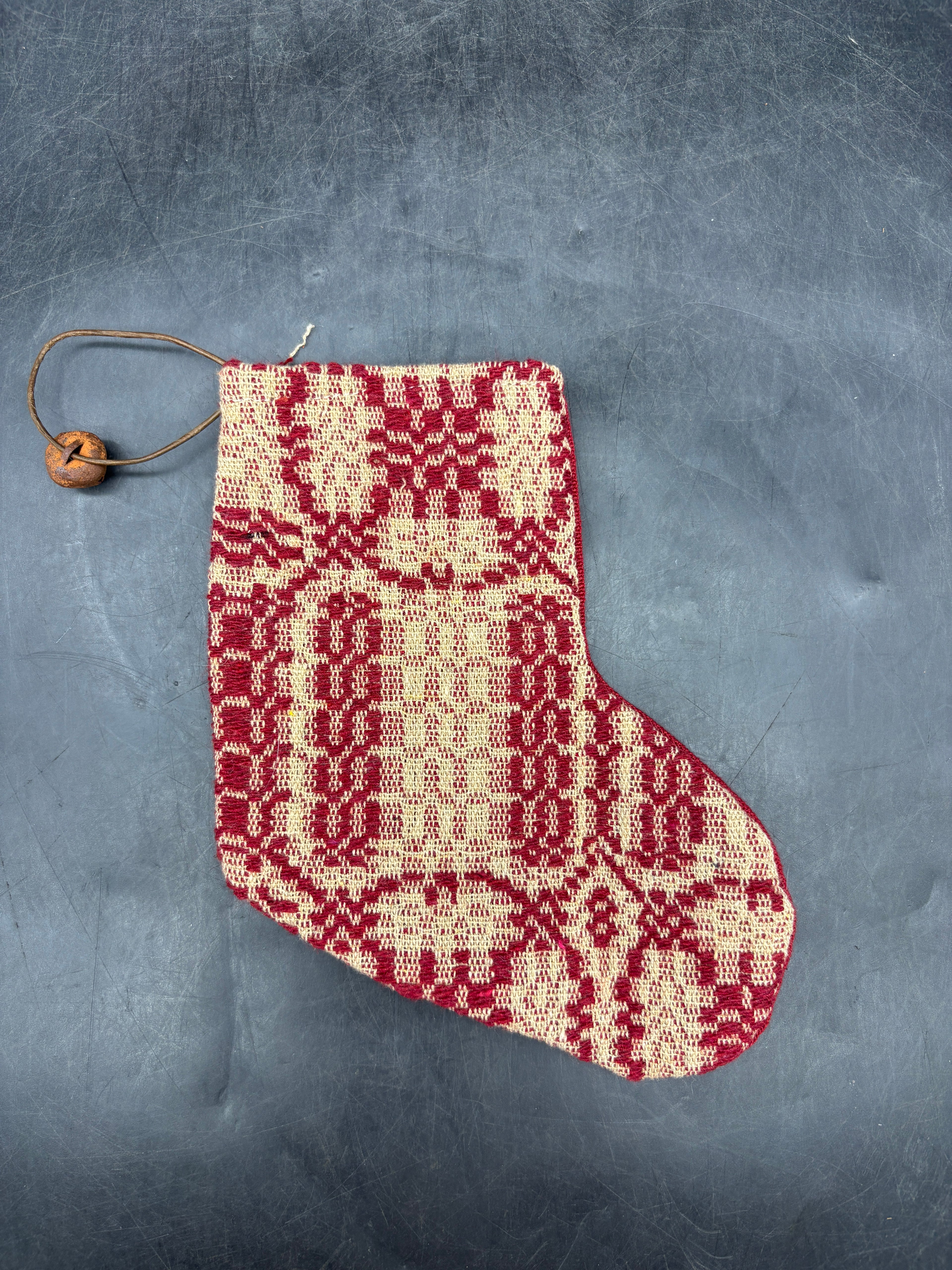 Handmade Coverlet Christmas Stocking — Small 6½" x 5" with Flannel Backing & Rusty Bell