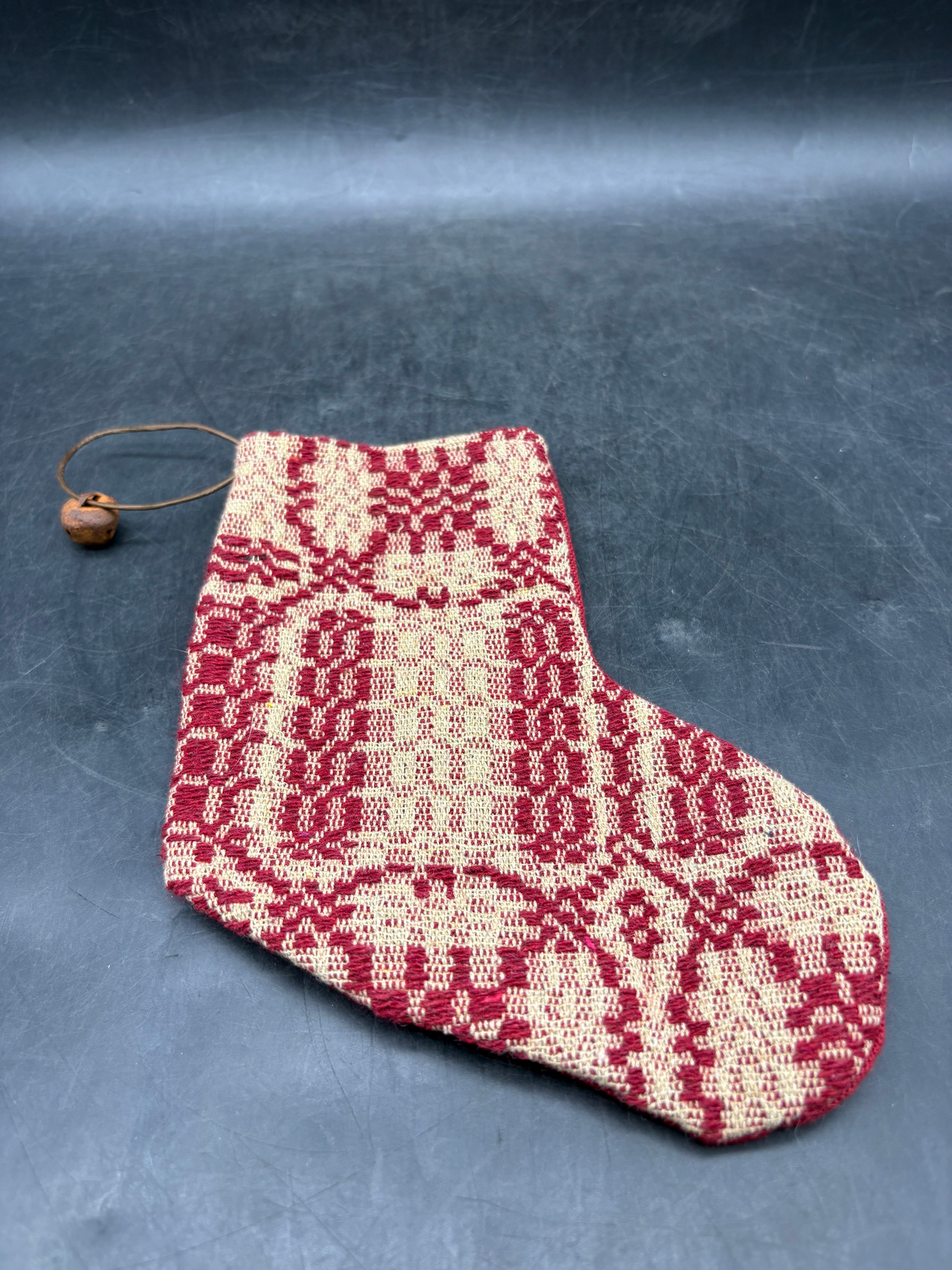 Handmade Coverlet Christmas Stocking — Small 6½" x 5" with Flannel Backing & Rusty Bell