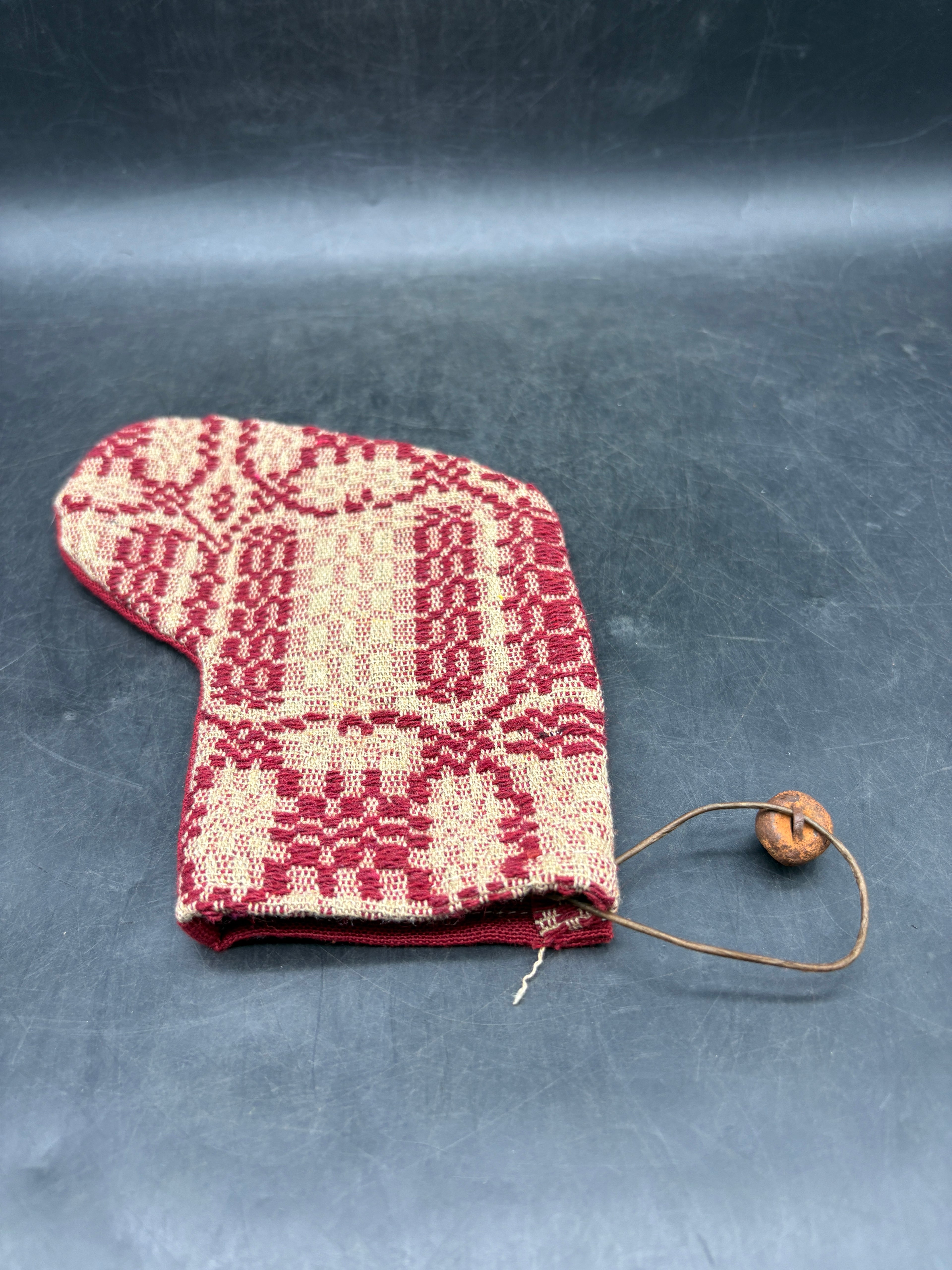 Handmade Coverlet Christmas Stocking — Small 6½" x 5" with Flannel Backing & Rusty Bell