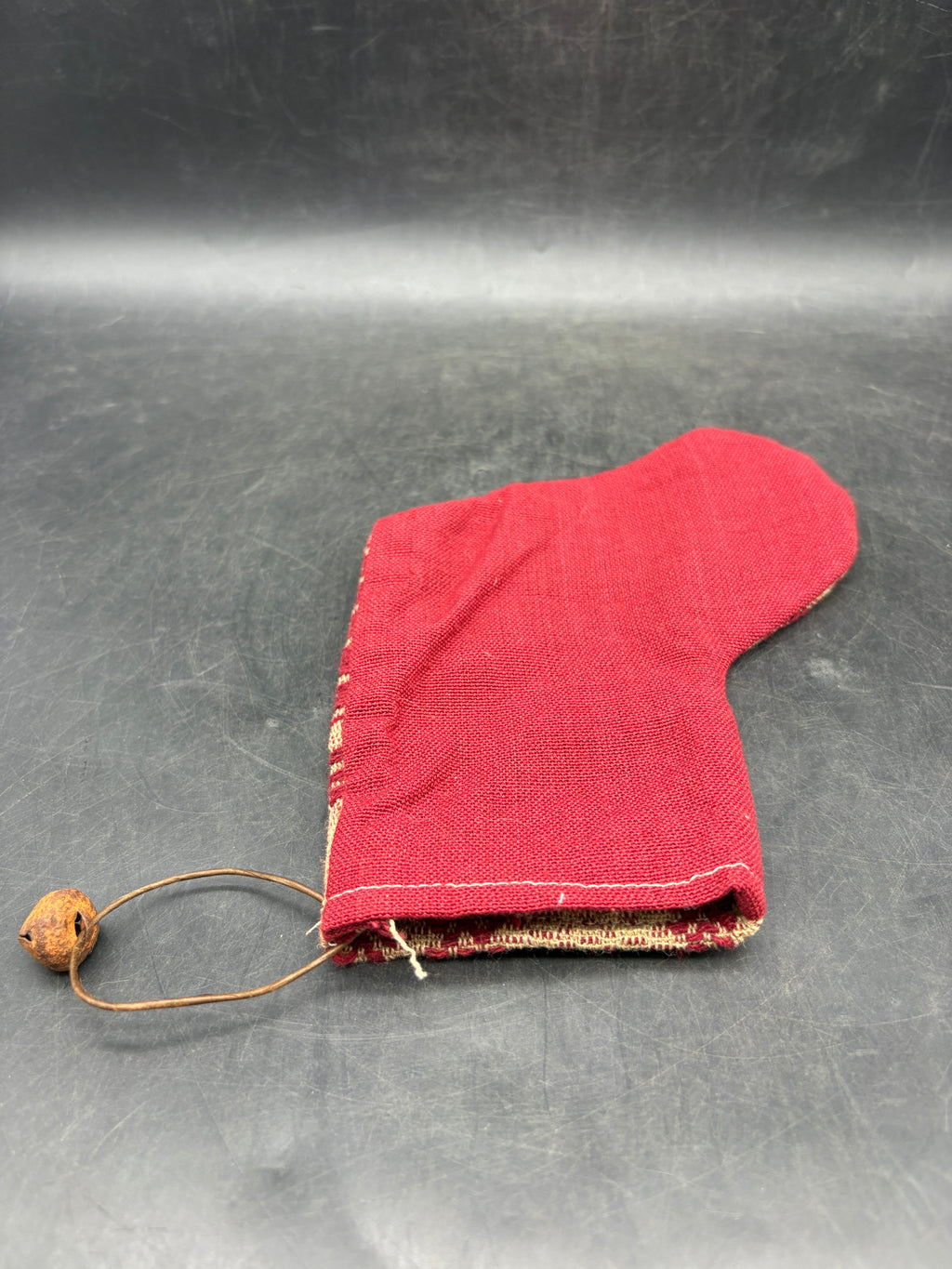 Handmade Coverlet Christmas Stocking — Small 6½" x 5" with Flannel Backing & Rusty Bell