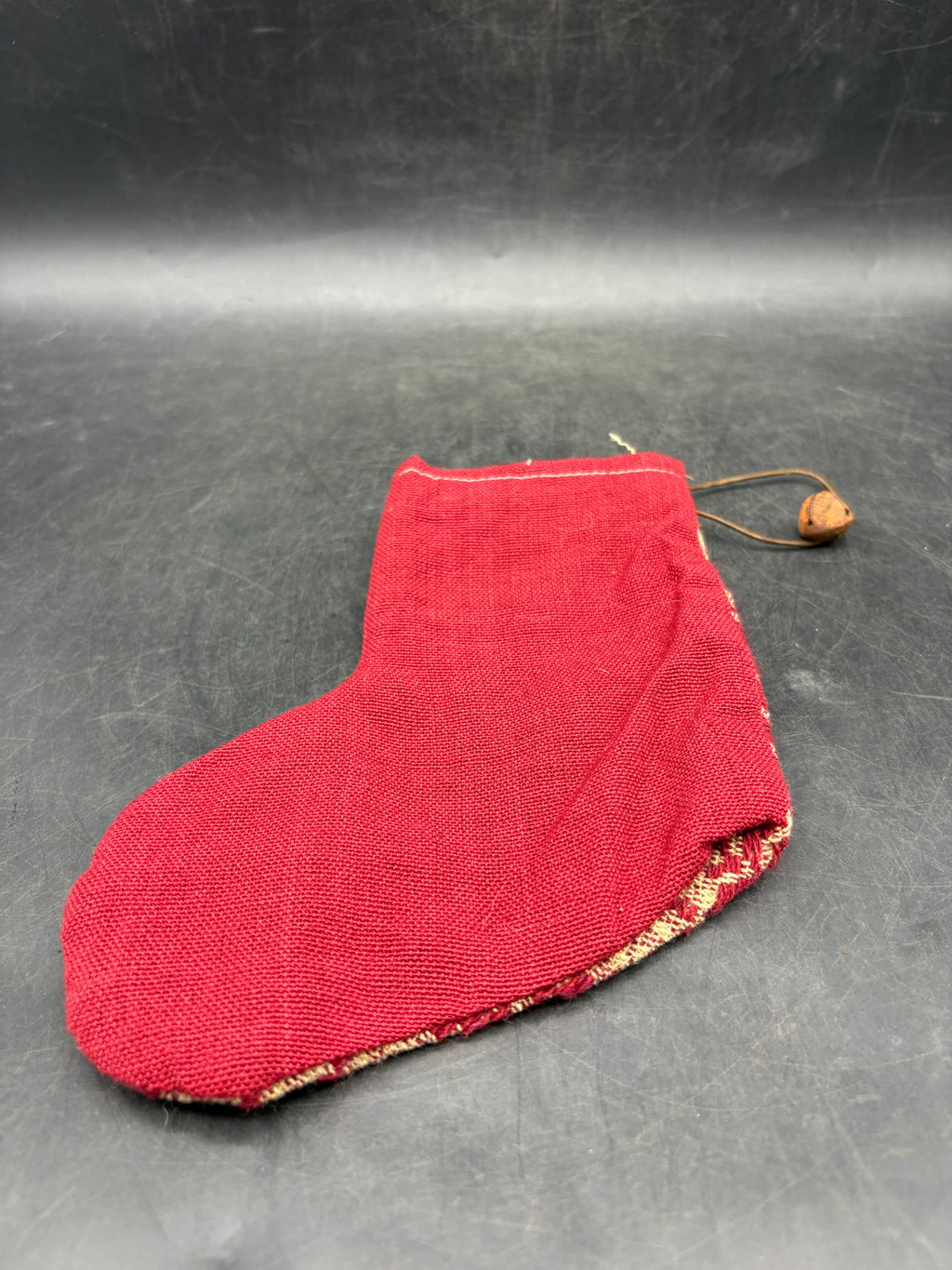 Handmade Coverlet Christmas Stocking — Small 6½" x 5" with Flannel Backing & Rusty Bell
