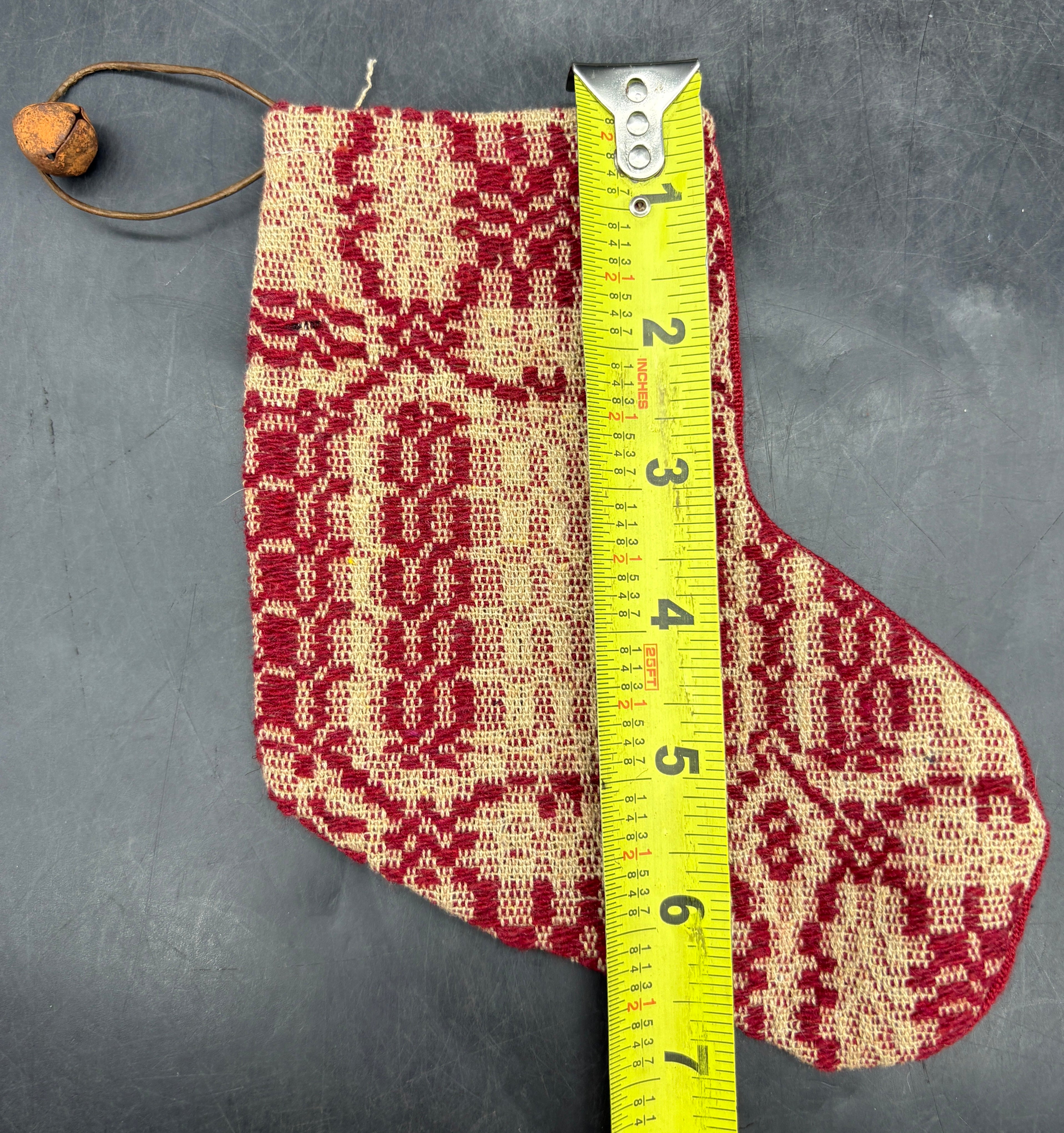 Handmade Coverlet Christmas Stocking — Small 6½" x 5" with Flannel Backing & Rusty Bell