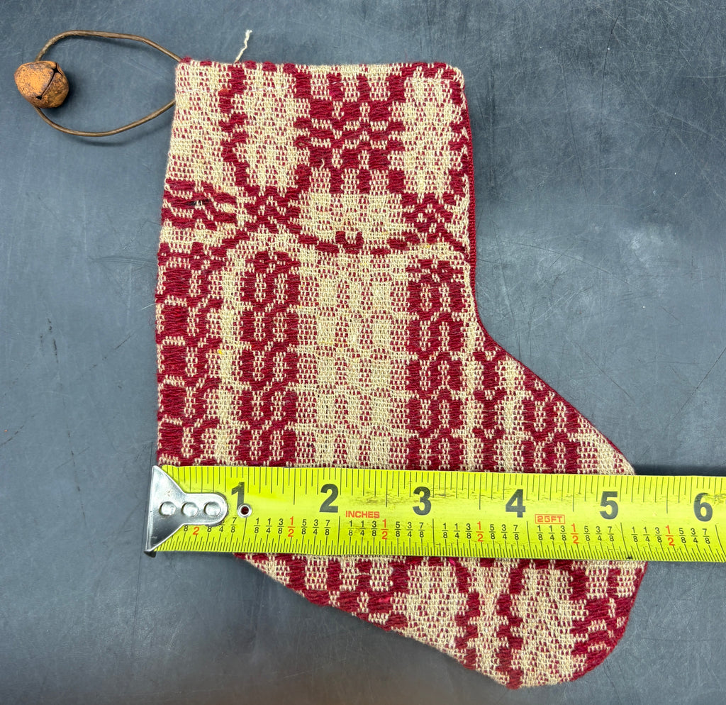 Handmade Coverlet Christmas Stocking — Small 6½" x 5" with Flannel Backing & Rusty Bell