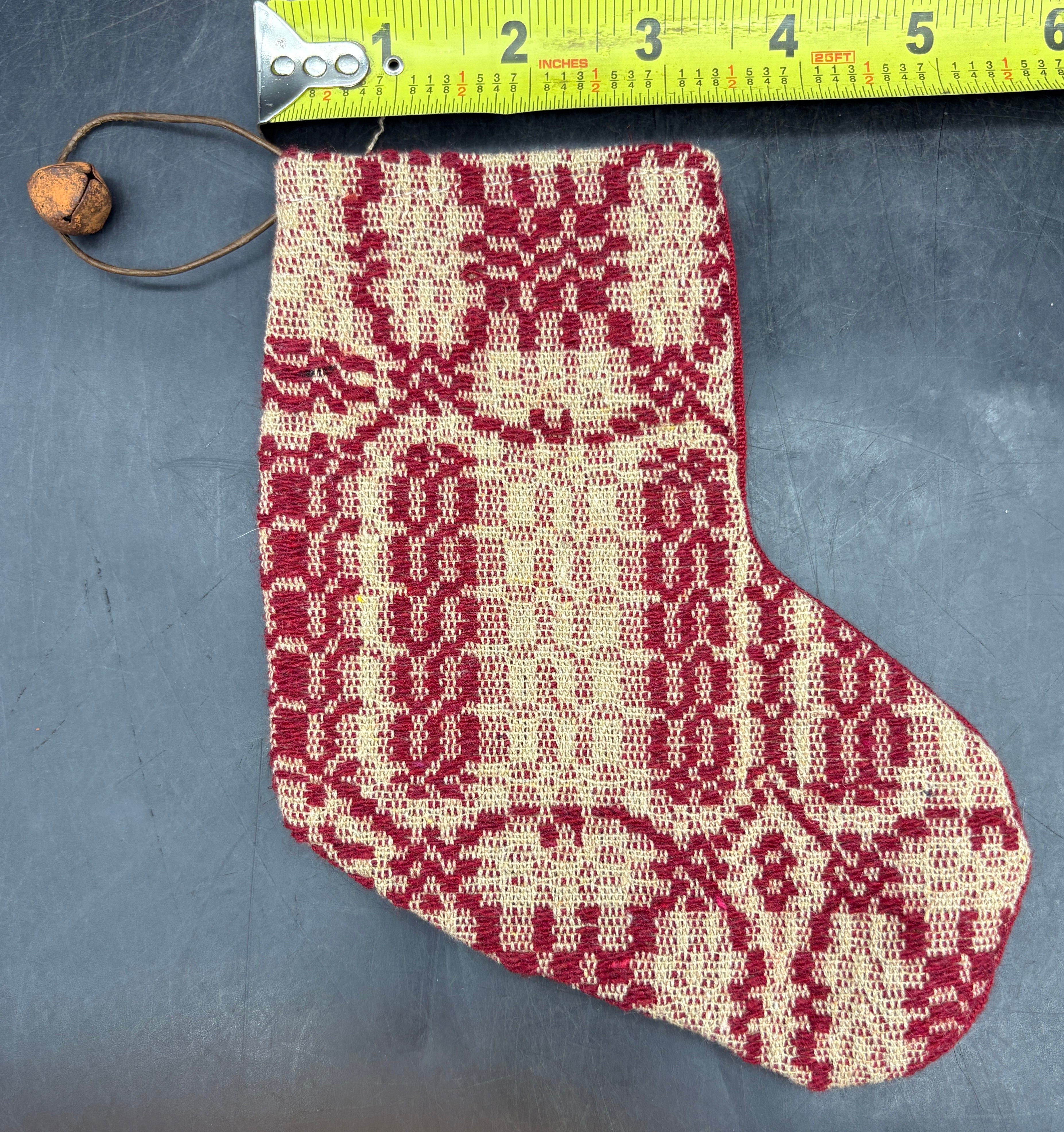 Handmade Coverlet Christmas Stocking — Small 6½" x 5" with Flannel Backing & Rusty Bell
