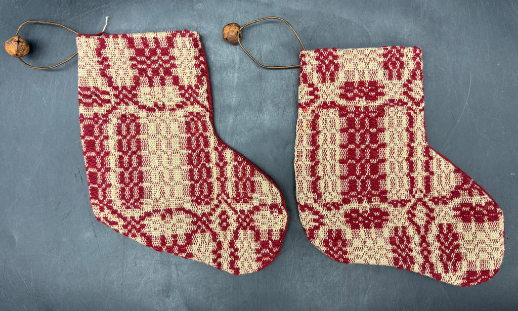 Handmade Coverlet Christmas Stocking — Small 6½" x 5" with Flannel Backing & Rusty Bell