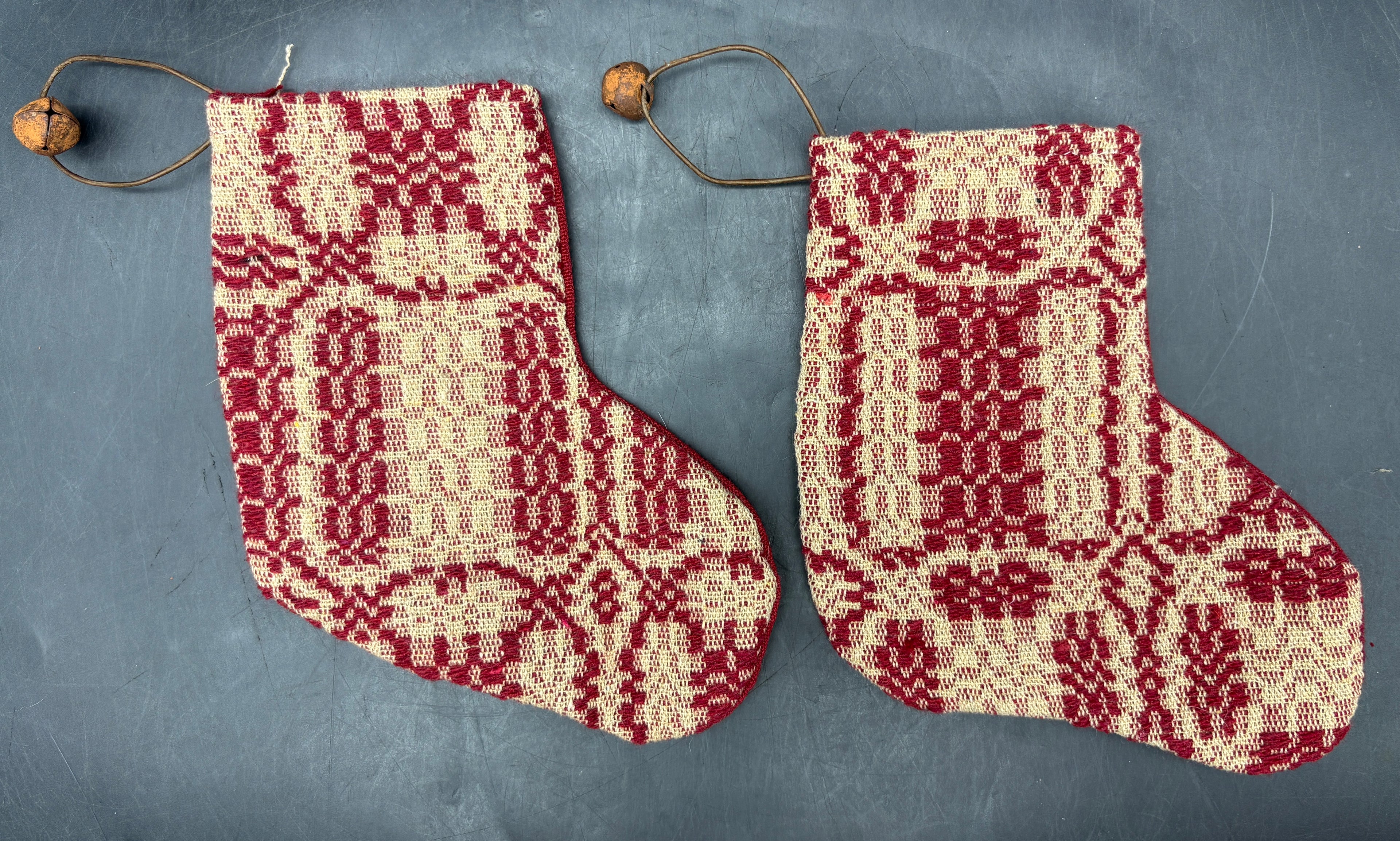 Handmade Coverlet Christmas Stocking — Small 6½" x 5" with Flannel Backing & Rusty Bell