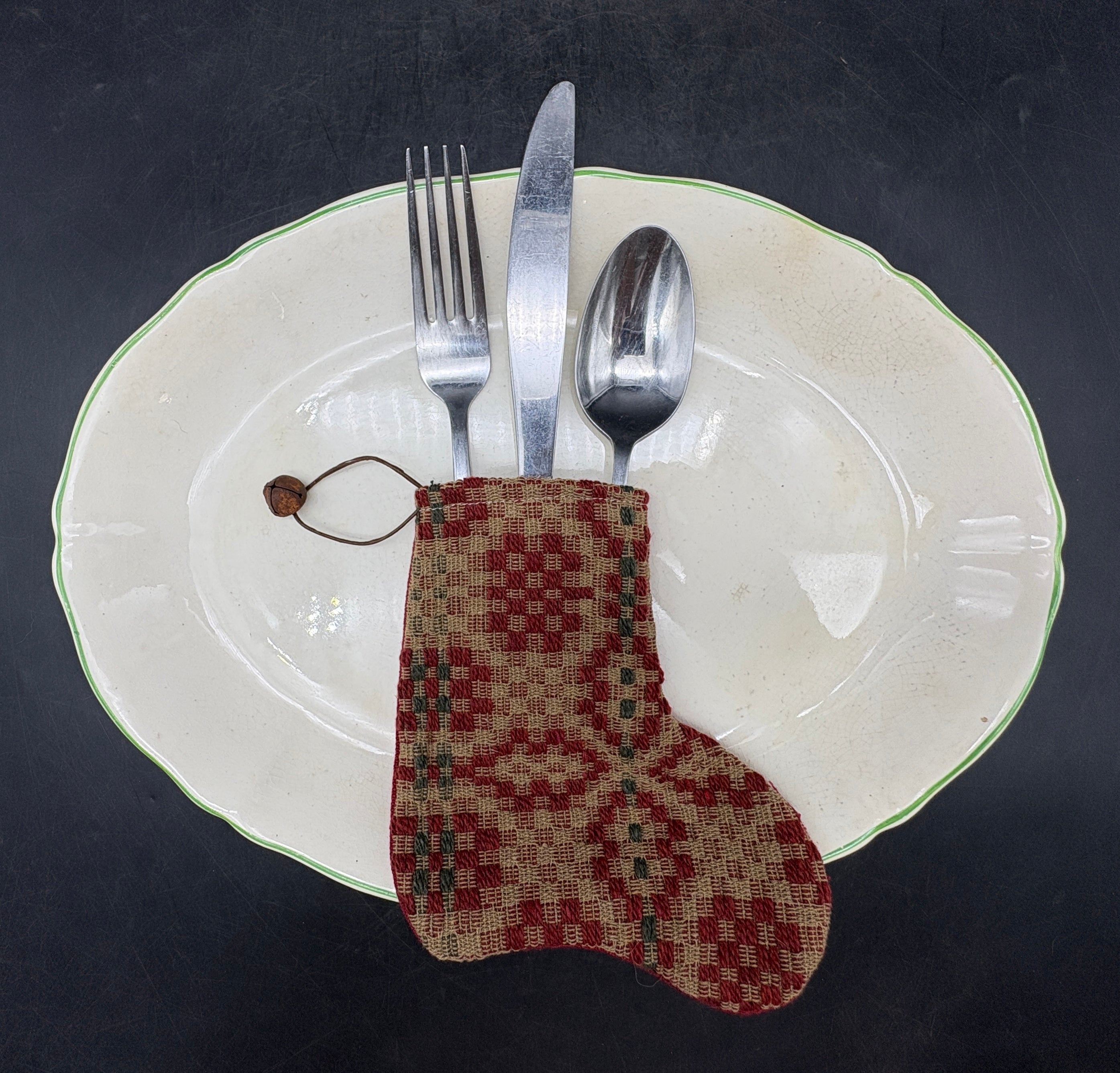 Handmade Coverlet Christmas Stocking — Small 6½" x 5" with Flannel Backing & Rusty Bell