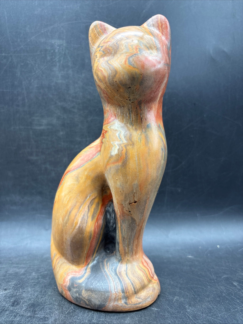 Signed Marble Onyx Stone Cat Sculpture Mid Century Modern Swirl Art Statue