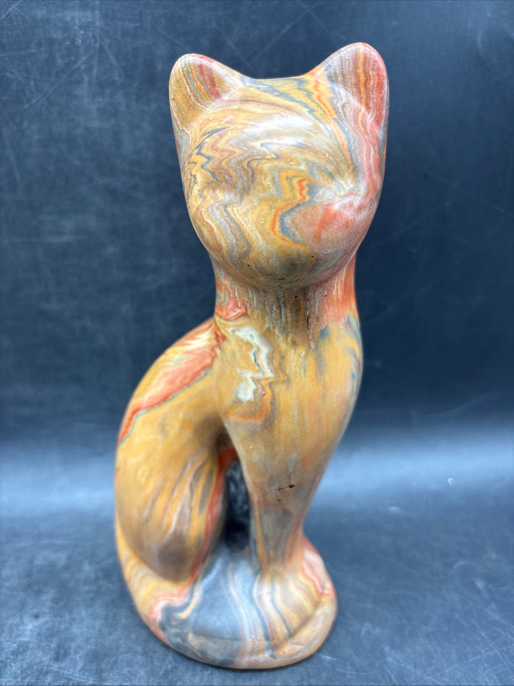 Signed Marble Onyx Stone Cat Sculpture Mid Century Modern Swirl Art Statue