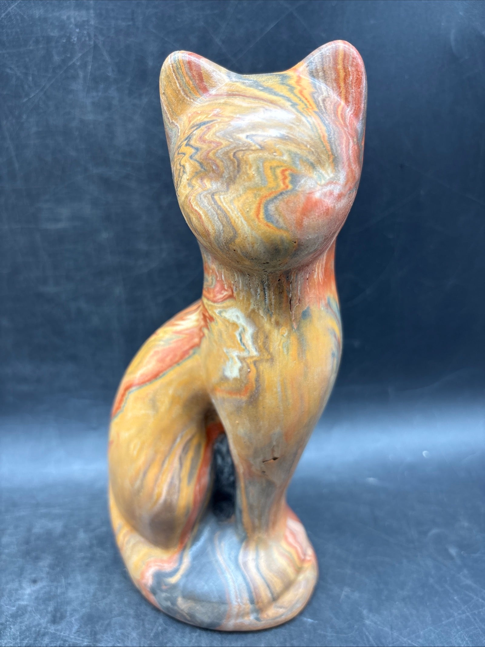 Signed Marble Onyx Stone Cat Sculpture Mid Century Modern Swirl Art Statue