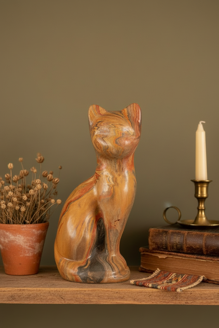 Signed Marble Onyx Stone Cat Sculpture Mid Century Modern Swirl Art Statue