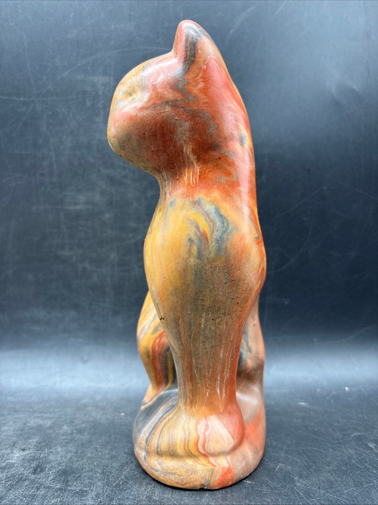 Signed Marble Onyx Stone Cat Sculpture Mid Century Modern Swirl Art Statue