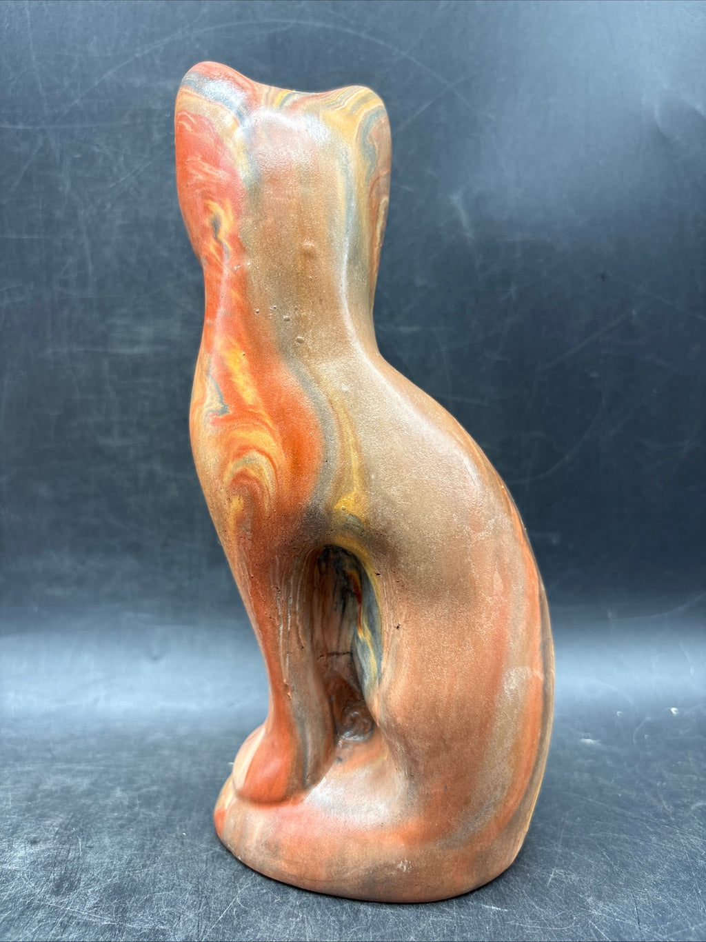 Signed Marble Onyx Stone Cat Sculpture Mid Century Modern Swirl Art Statue