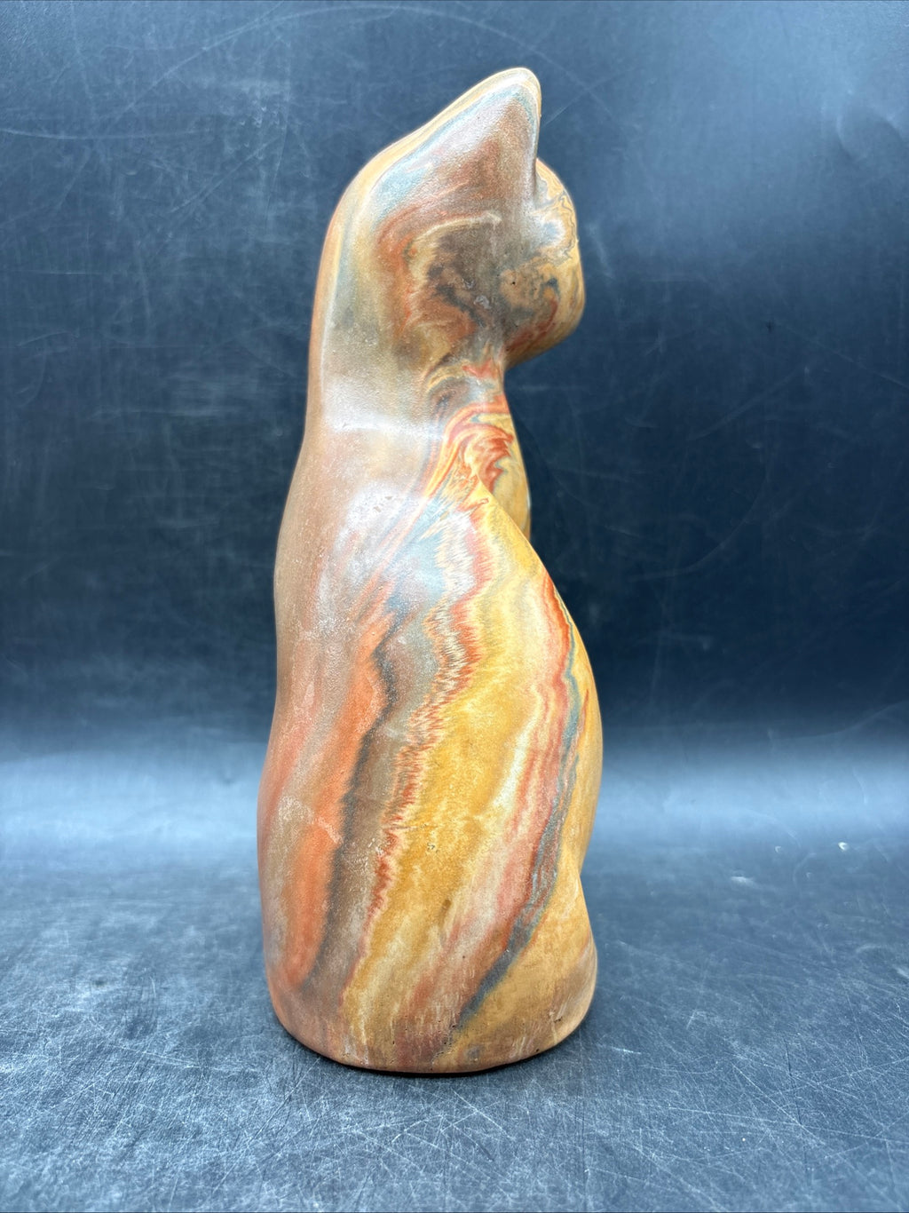 Signed Marble Onyx Stone Cat Sculpture Mid Century Modern Swirl Art Statue
