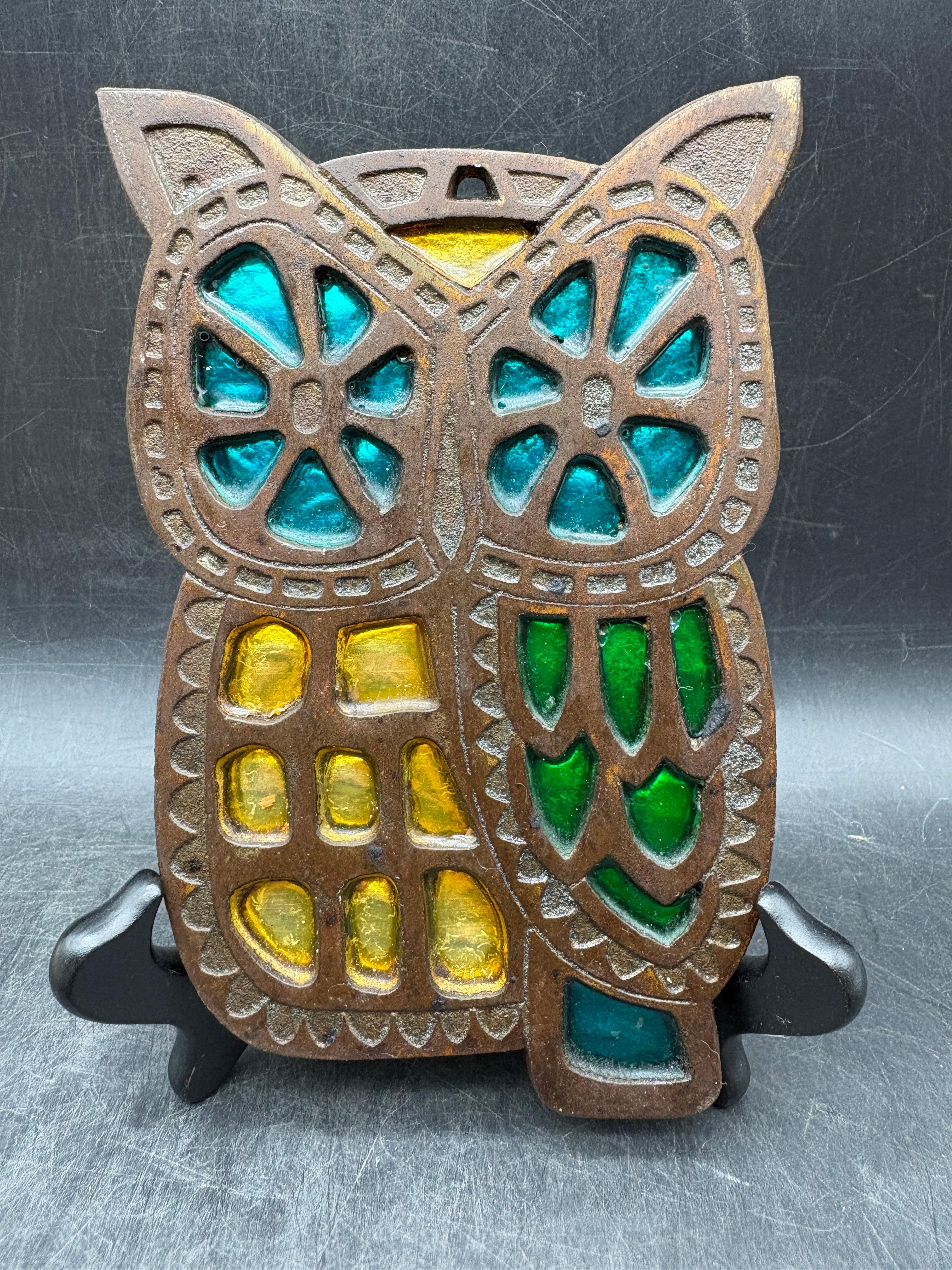 Vintage Cast Iron Owl Trivet with Stained Glass Insets | MCM Retro Kitchen Décor