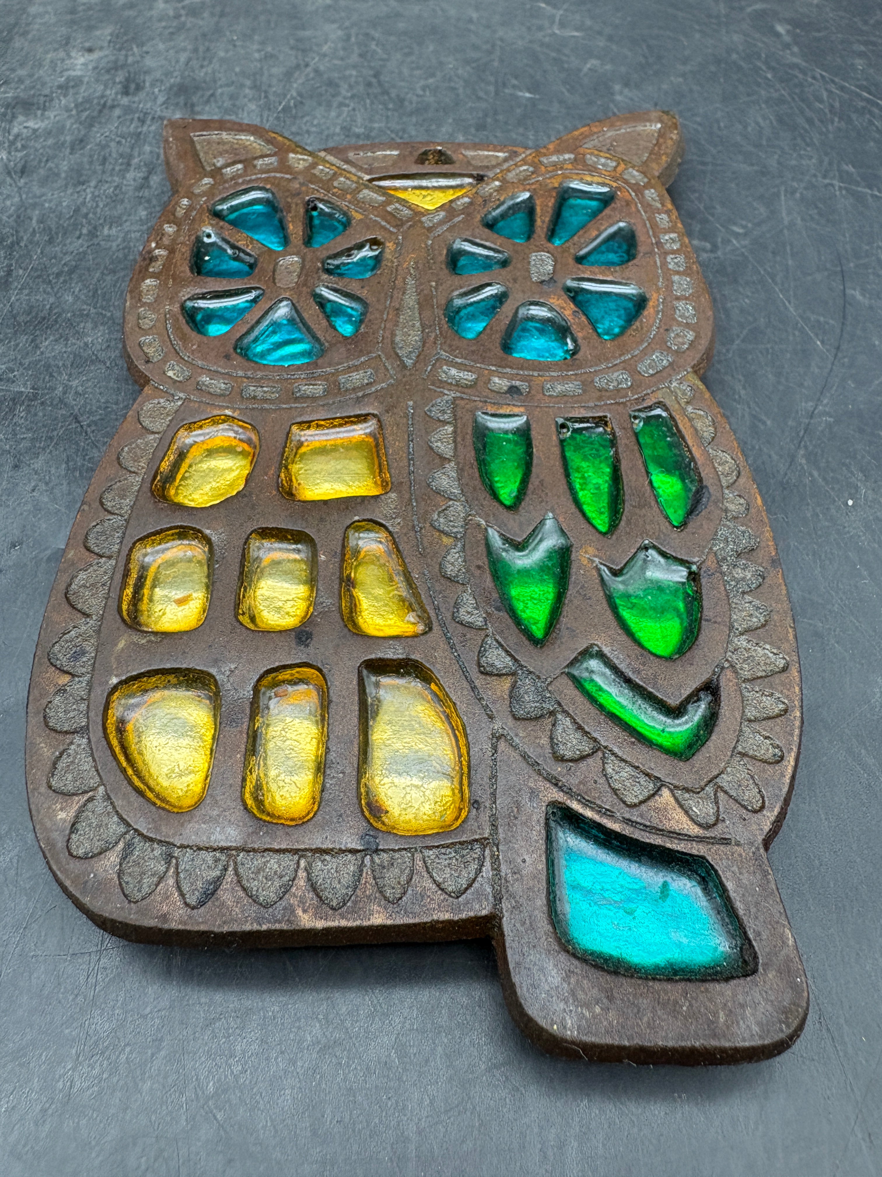 Vintage Cast Iron Owl Trivet with Stained Glass Insets | MCM Retro Kitchen Décor