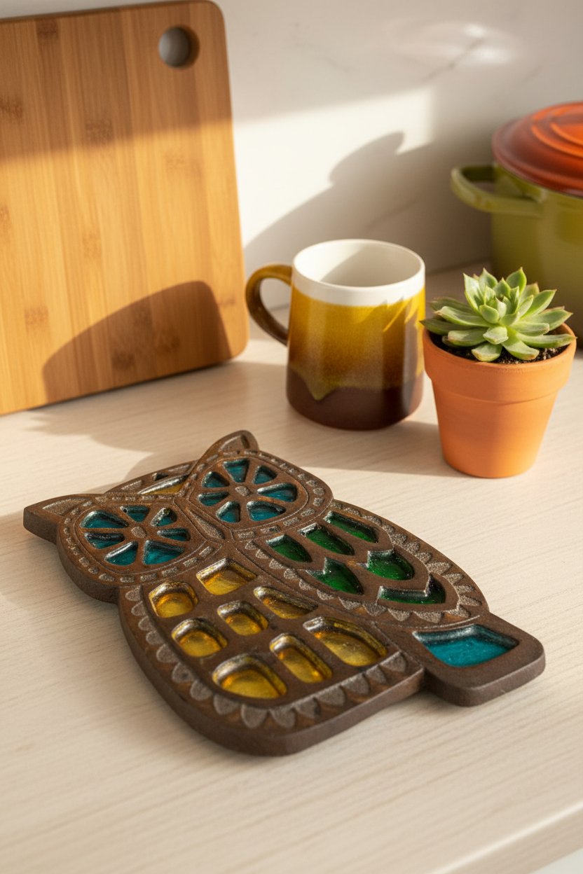 Vintage Cast Iron Owl Trivet with Stained Glass Insets | MCM Retro Kitchen Décor