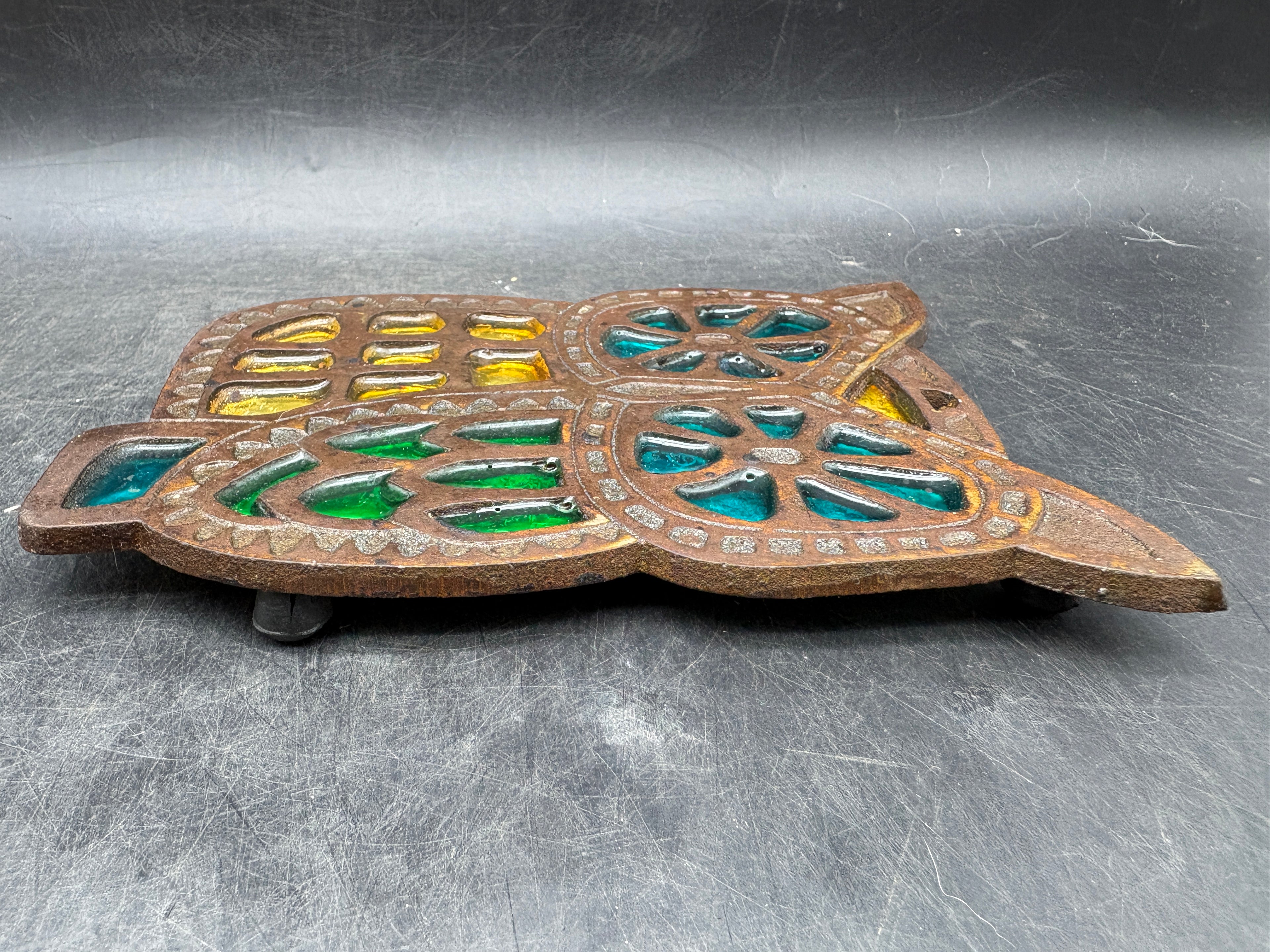 Vintage Cast Iron Owl Trivet with Stained Glass Insets | MCM Retro Kitchen Décor