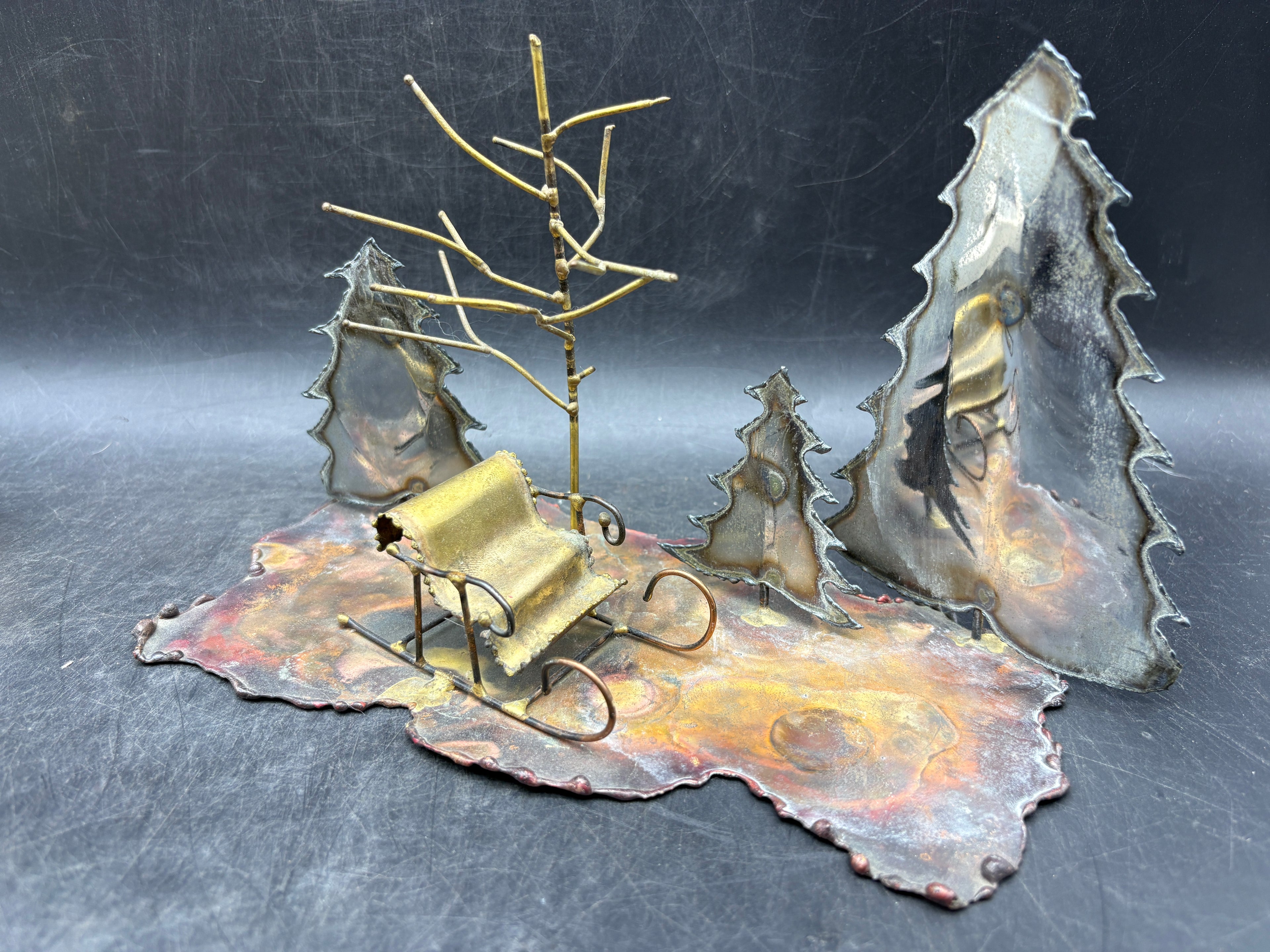 Vintage Handcrafted Copper Winter Scene Sculpture | Folk Art Sleigh & Trees Cabin Décor