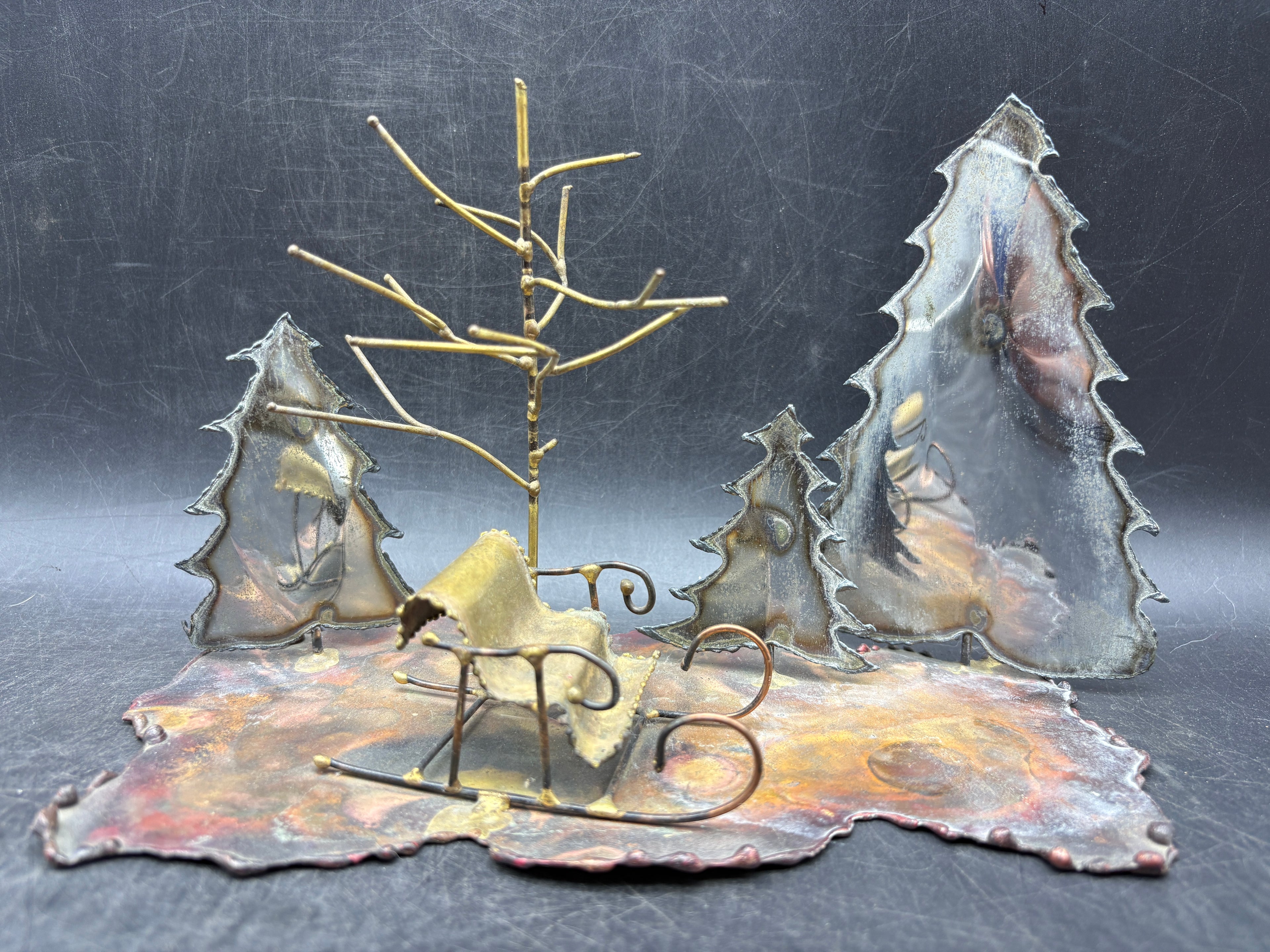 Vintage Handcrafted Copper Winter Scene Sculpture | Folk Art Sleigh & Trees Cabin Décor