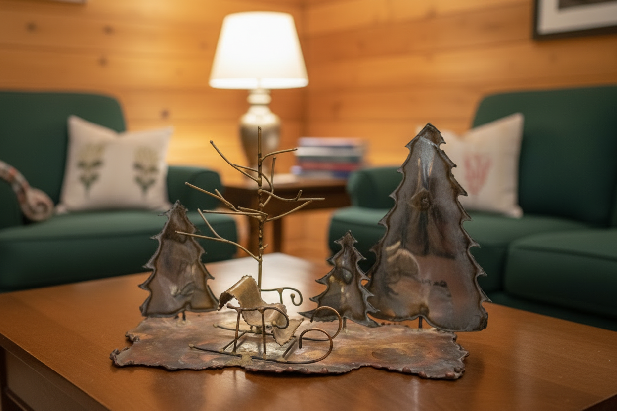 Vintage Handcrafted Copper Winter Scene Sculpture | Folk Art Sleigh & Trees Cabin Décor