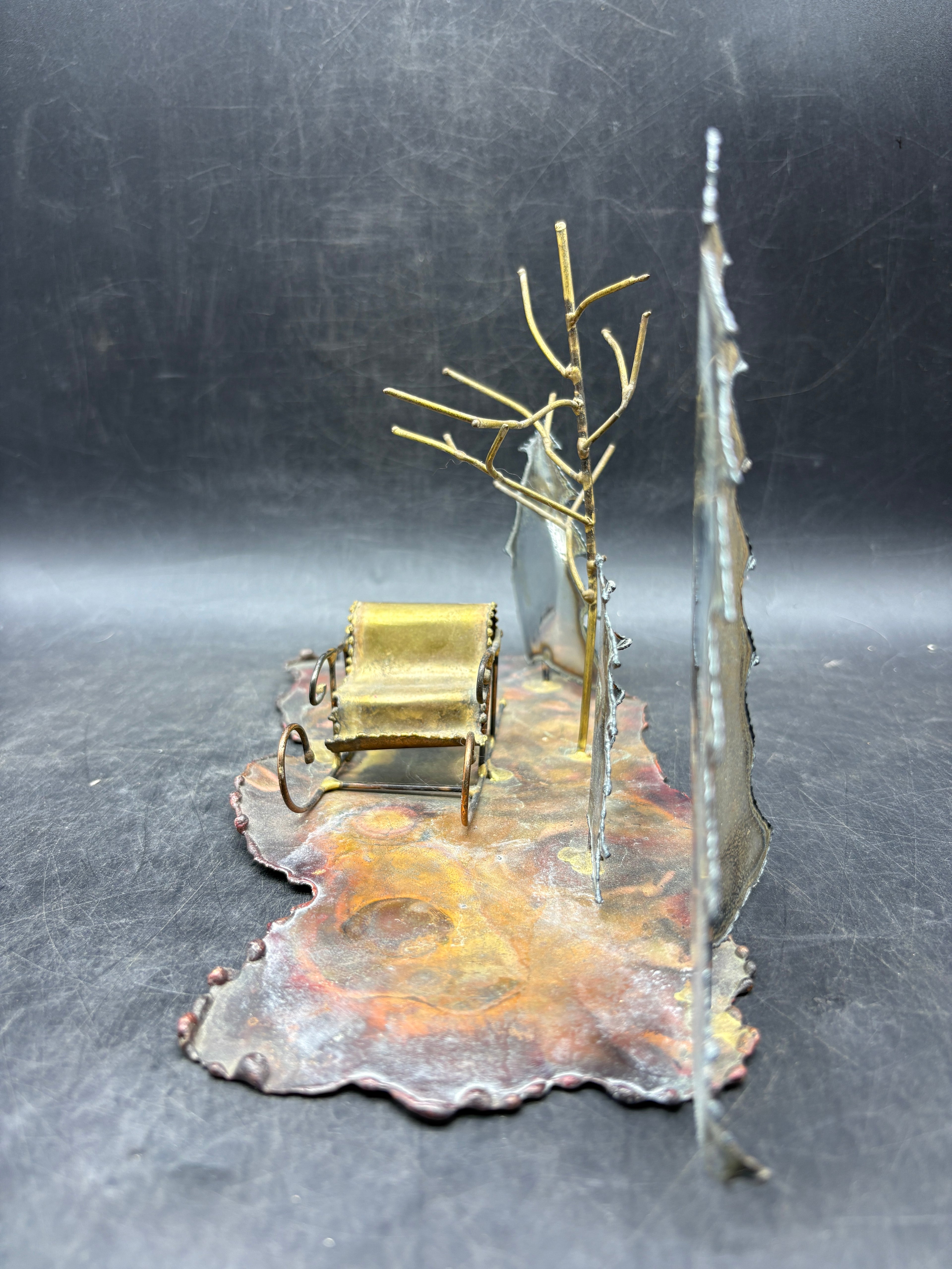 Vintage Handcrafted Copper Winter Scene Sculpture | Folk Art Sleigh & Trees Cabin Décor