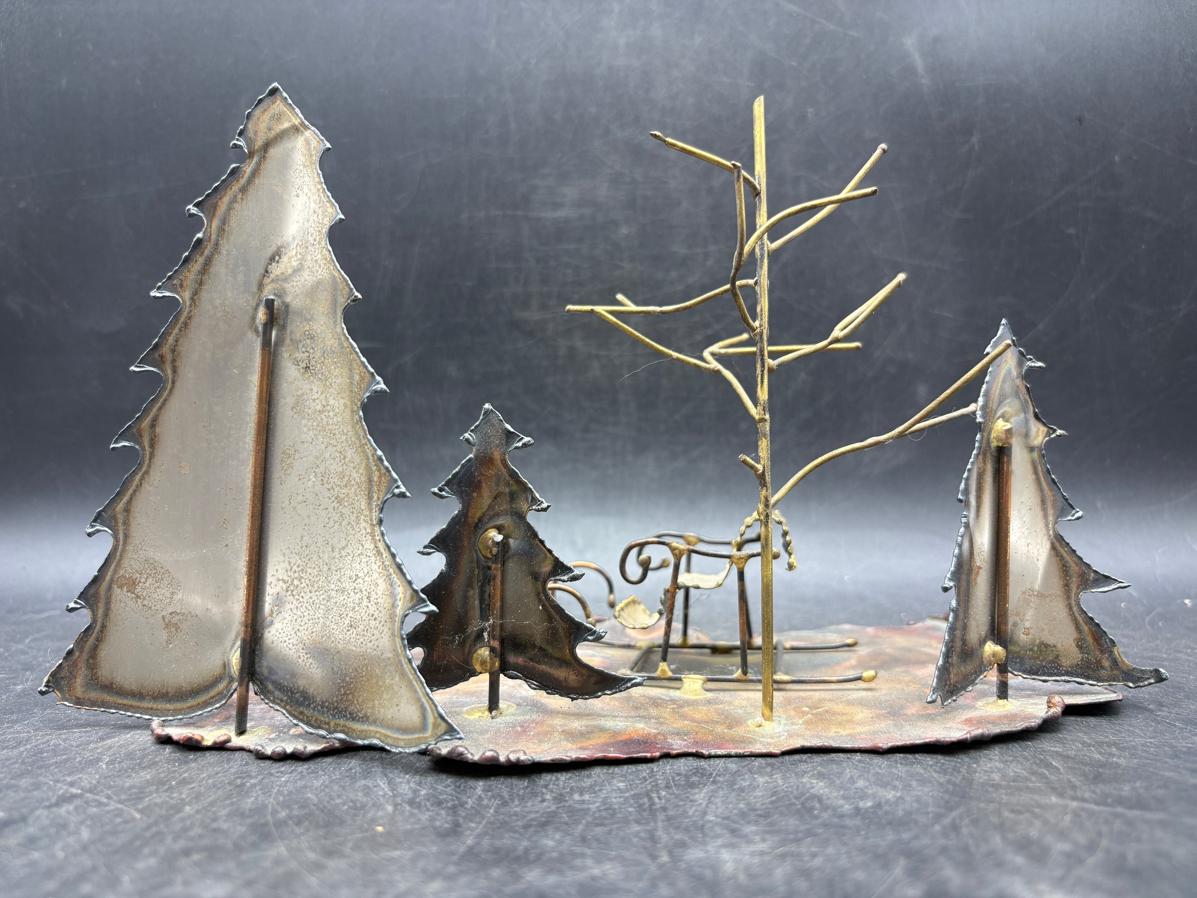 Vintage Handcrafted Copper Winter Scene Sculpture | Folk Art Sleigh & Trees Cabin Décor