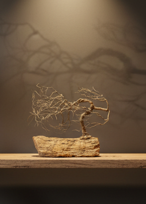 Vintage Handcrafted Wire Bonsai Tree Sculpture | Driftwood Base | MCM Organic Modern Art