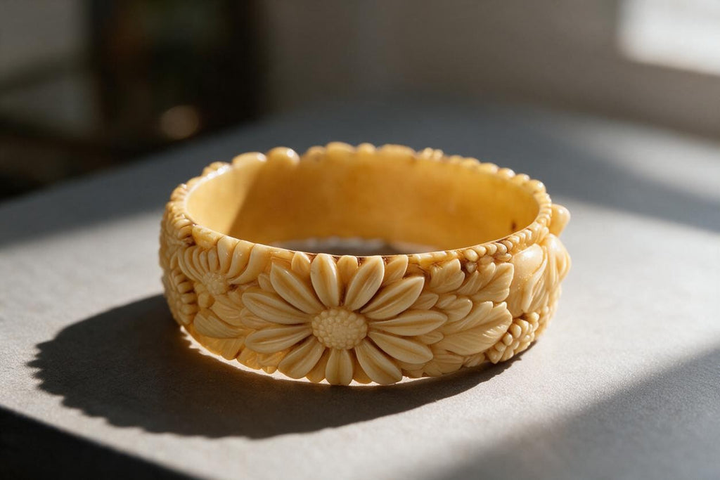 Vintage Amber Yellow Celluloid Wide Floral Bangle
