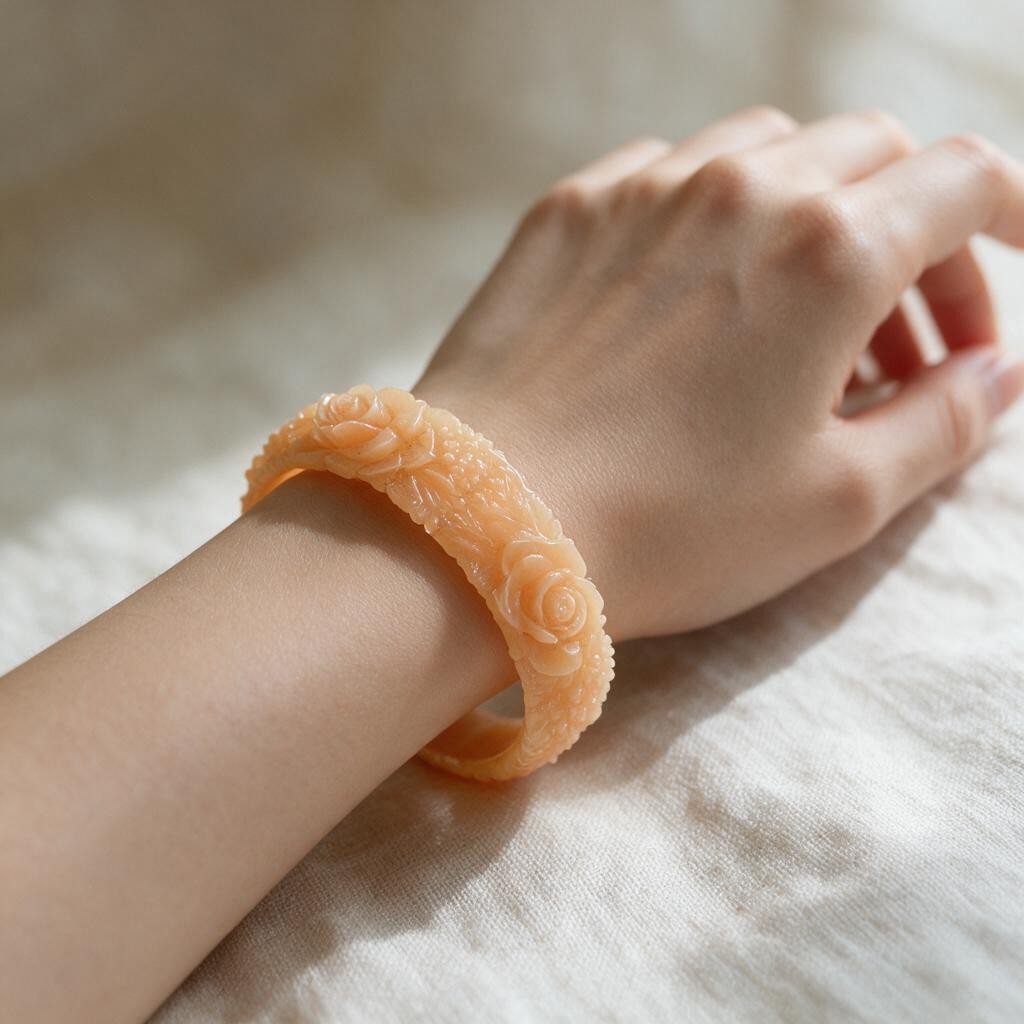 Vintage Peach Celluloid Bangle with Roses & Daisies