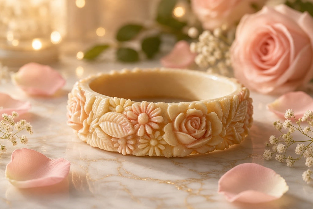 Vintage Cream & Pink Celluloid Bangle with Roses & Daisies