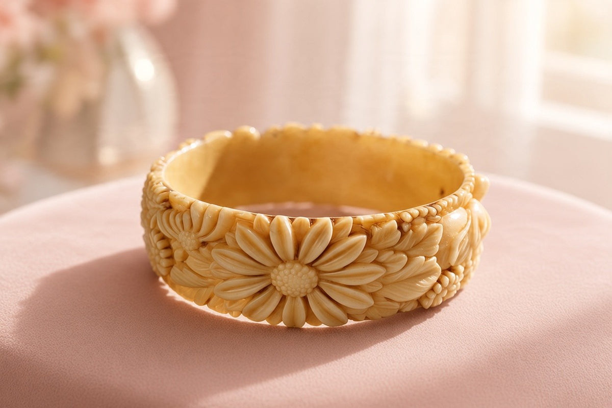 Vintage Amber Yellow Celluloid Wide Floral Bangle
