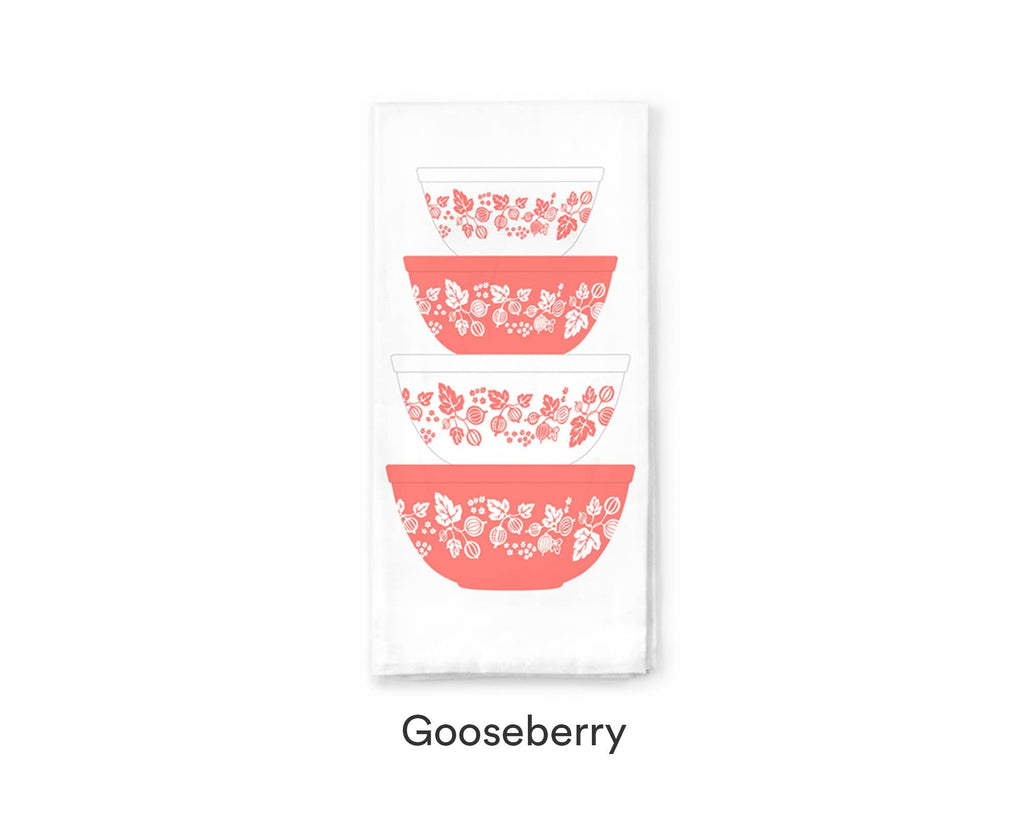 Vintage Bowl Stack Cotton Tea Towel Spring Blossom Pyrex Style