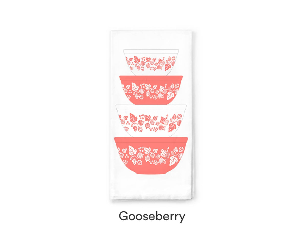 Vintage Bowl Stack Cotton Tea Towel Spring Blossom Pyrex Style