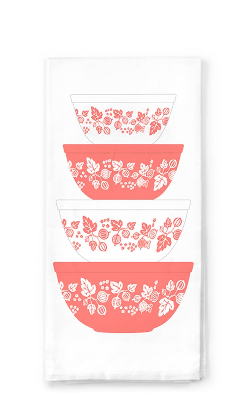 Vintage Pyrex Style Bowl Stack Cotton Tea Towel, Gooseberry