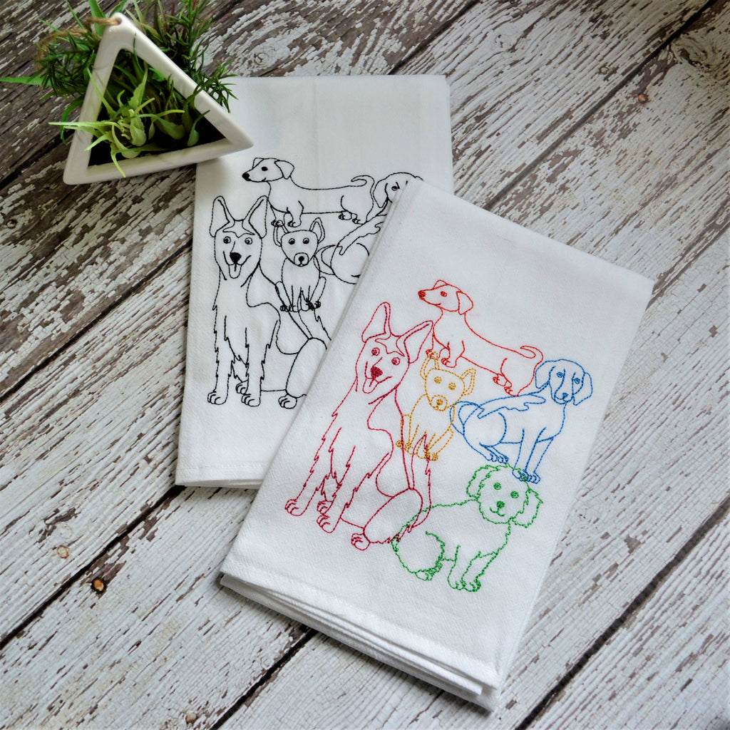 Embroidered Lots of Dogs Flour Sack Tea Towel | Multicolor | Dog Lover Kitchen Decor