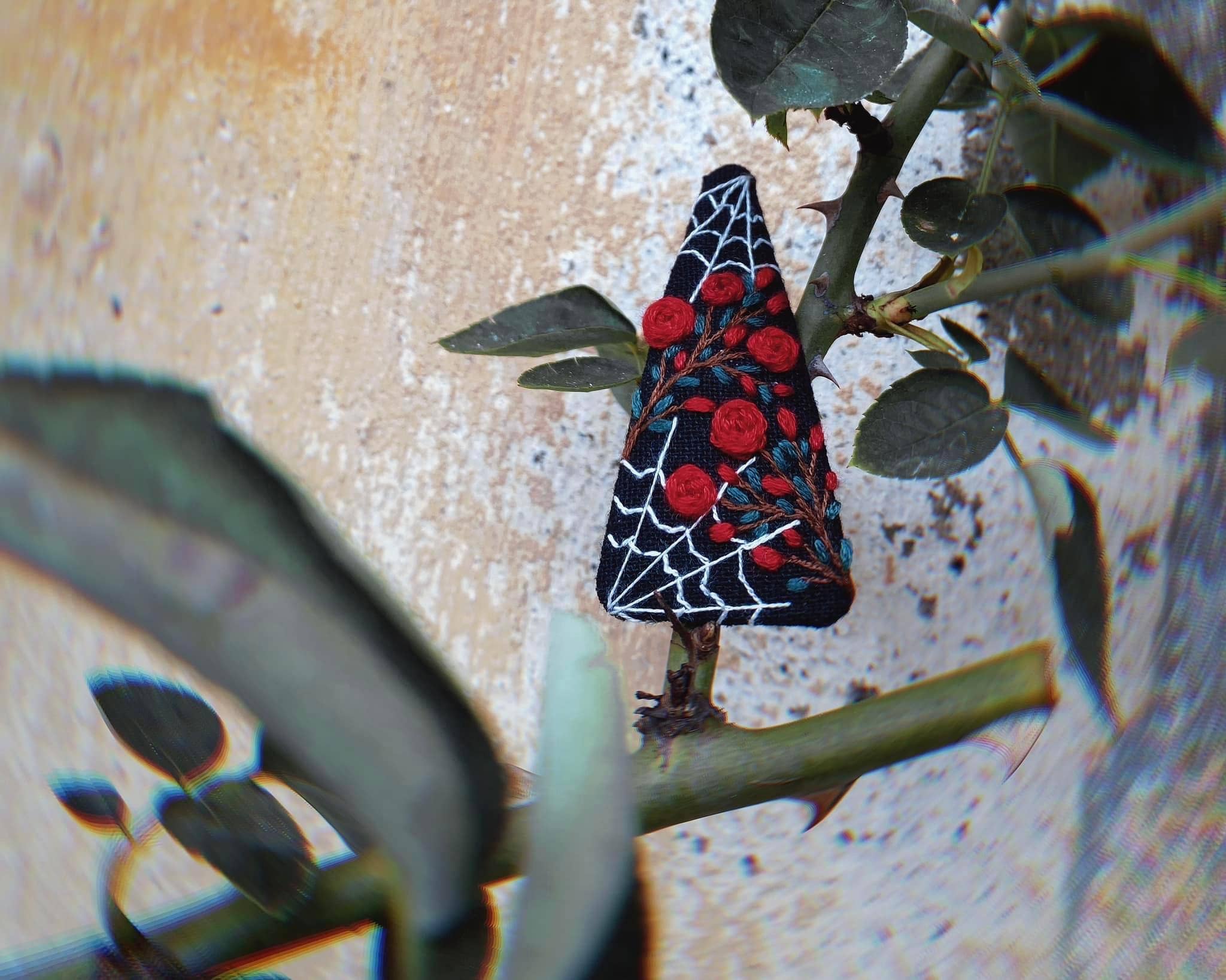 Web & Roses Hand-Embroidered Halloween Hair Clip Barette