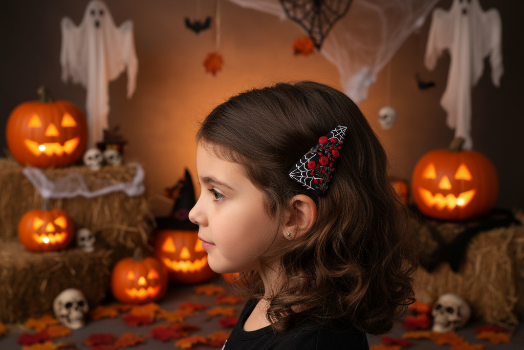 Web & Roses Hand-Embroidered Halloween Hair Clip Barette