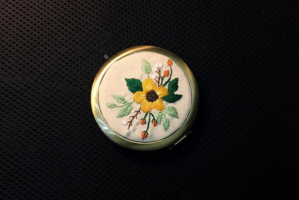 Yellow Flower Hand-Embroidered Compact Mirror