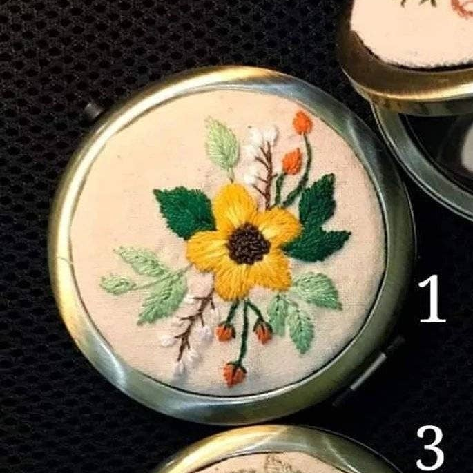 Yellow Flower Hand-Embroidered Compact Mirror