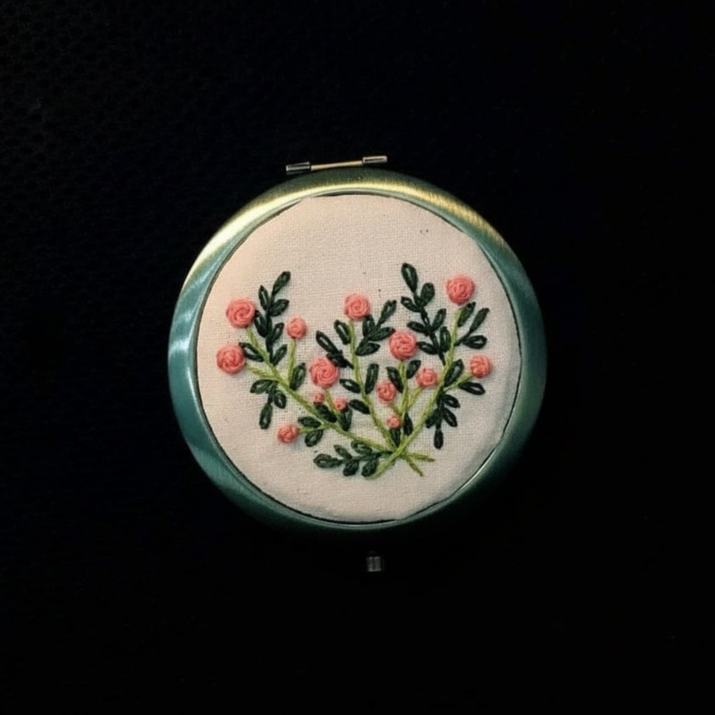 Floral Embroidered Compact Mirror – Rose Garden