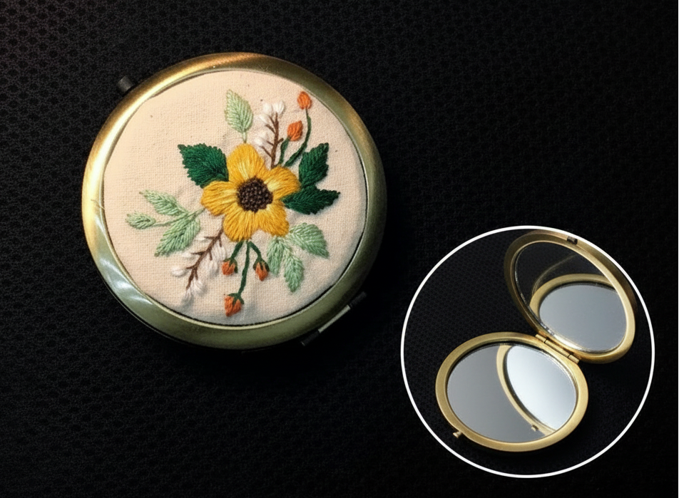 Yellow Flower Hand-Embroidered Compact Mirror