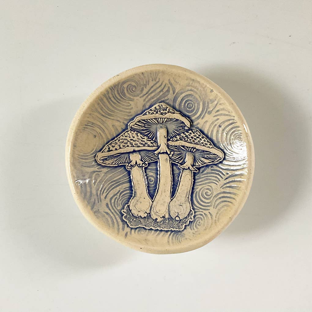 Pottery Dish Bowl - Mushrooms Hand Crafted Art Pottery