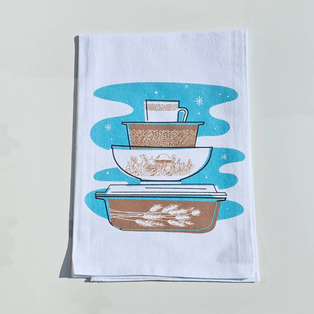 Pyrex Forest Fancies Tea Towel — Vintage Bowl Stack Print