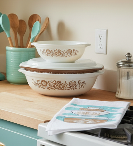 Pyrex Forest Fancies Tea Towel — Vintage Bowl Stack Print
