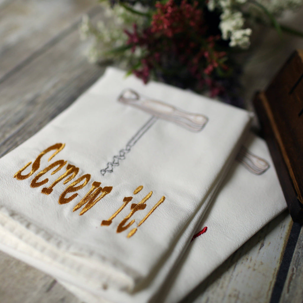 Embroidered Wine ‘Screw It’ Tea Towel | Yellow | Funny Kitchen Decor & Wine Lover Gift