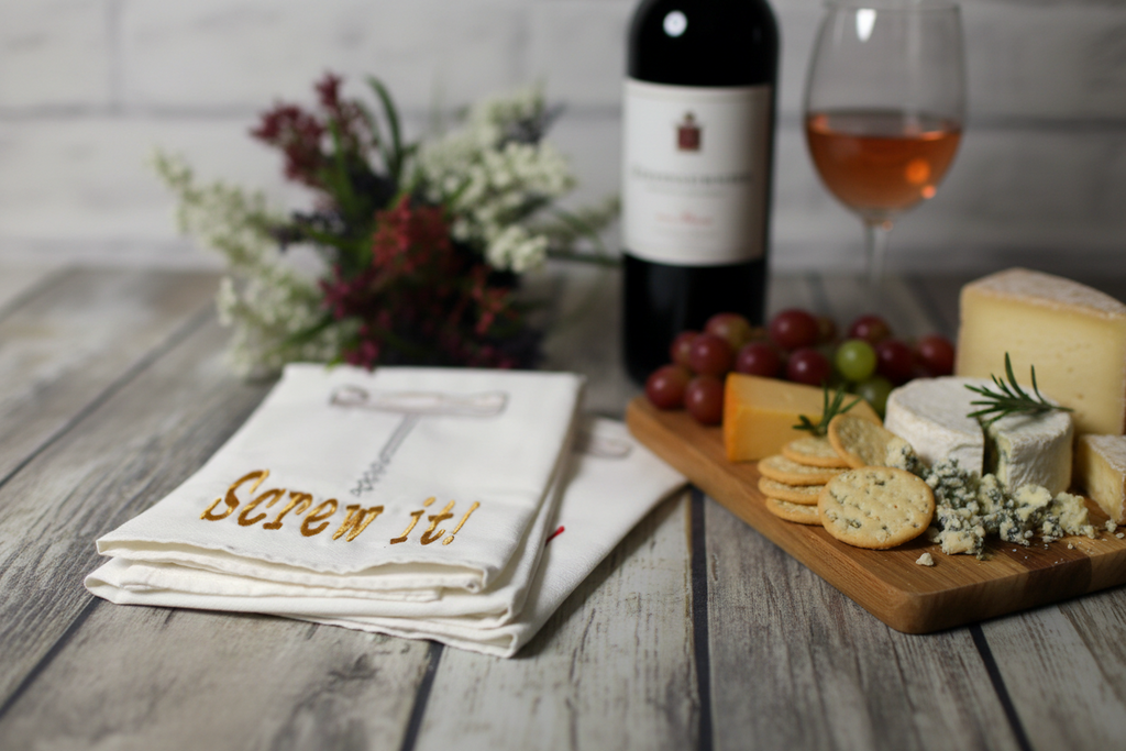 Embroidered Wine ‘Screw It’ Tea Towel | Yellow | Funny Kitchen Decor & Wine Lover Gift